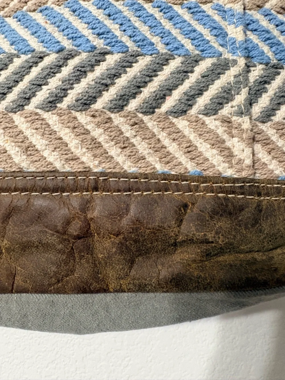 Myra Upcycled Chevron Striped Blue, Beige Gray Woven‎ Tote w Brown Leather Trim